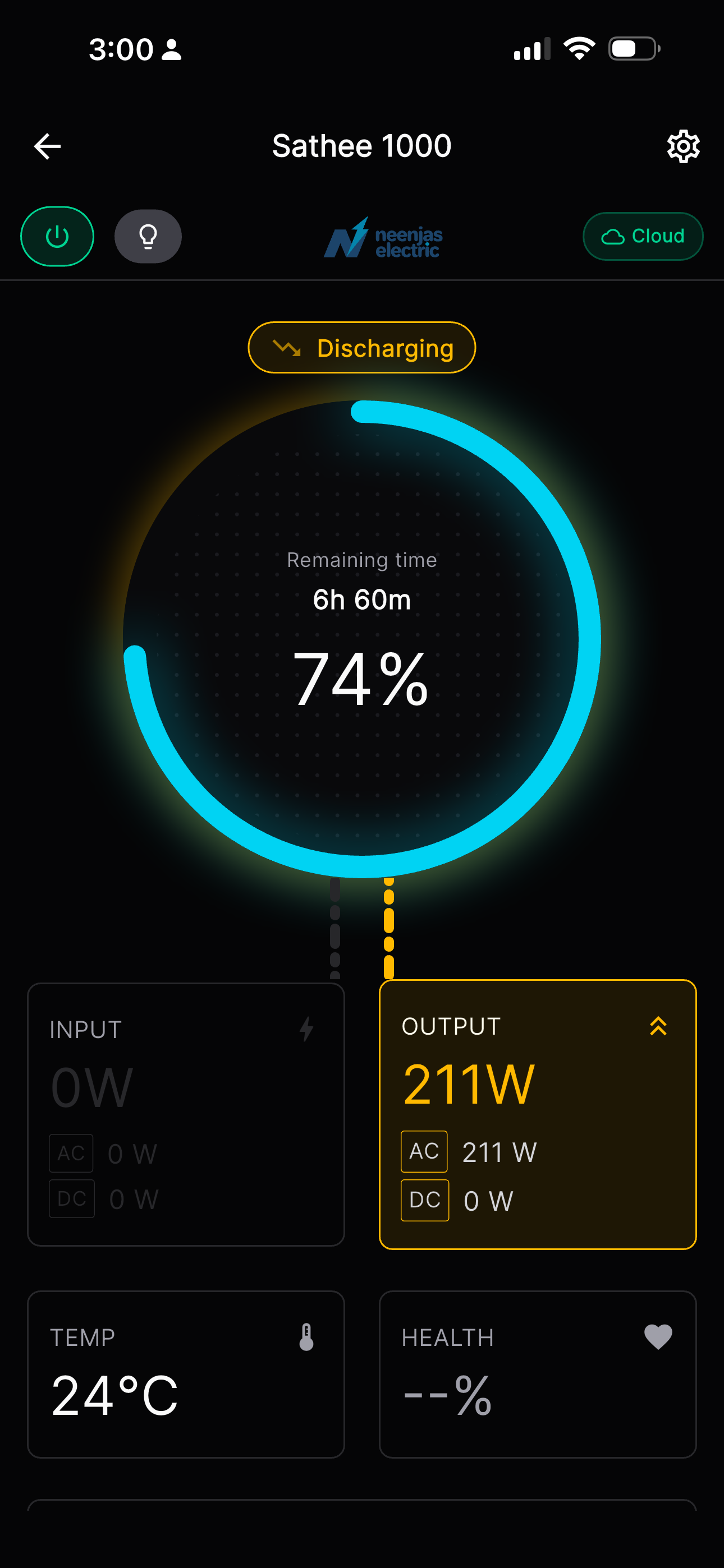 Supplied Neenjas Energy App inverter status screen